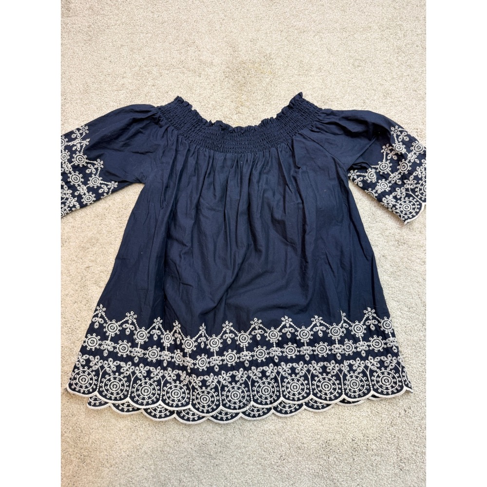 Abercrombie & Fitch Navy‎ Blue Eyelet Embroidered Off Shoulder Smocked Blouse M - Picture 5 of 6